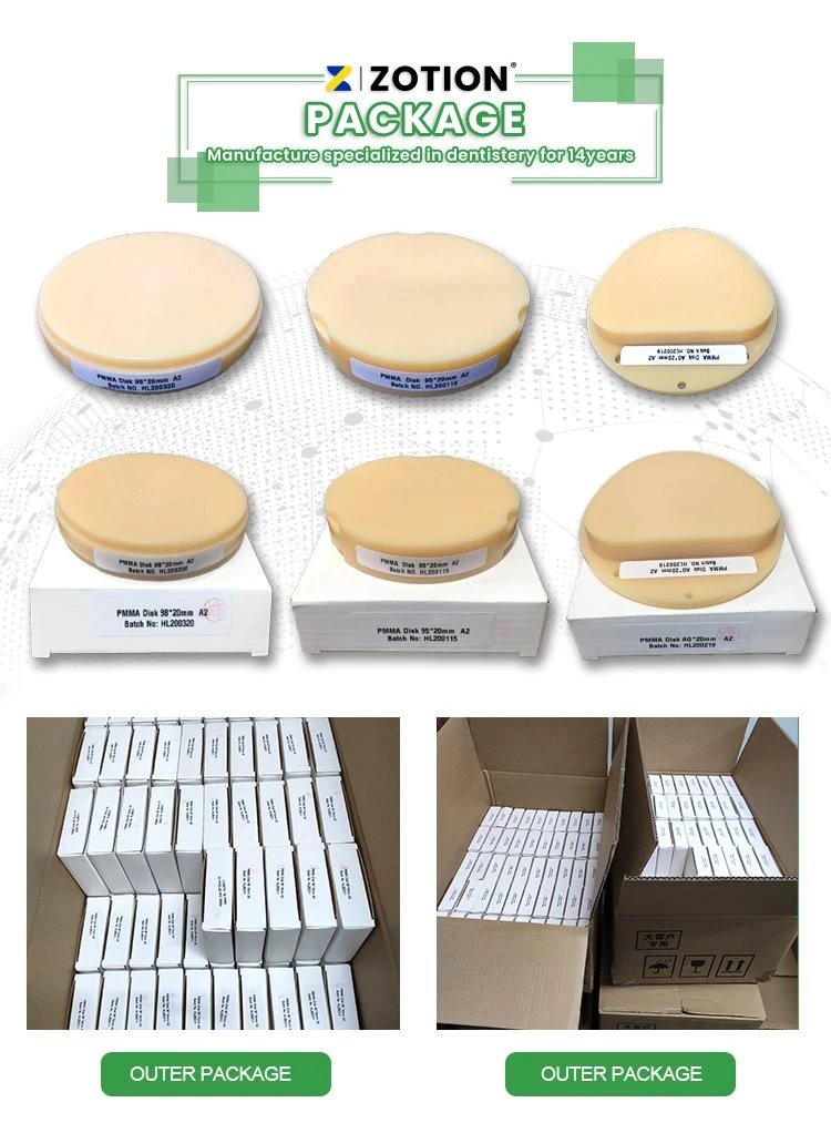 New Design Dental CAD CAM PMMA 98 Block Multilayer for Dry Milling Machine package New Design Dental CAD CAM PMMA 98 Block Multilayer for Dry Milling Machine package